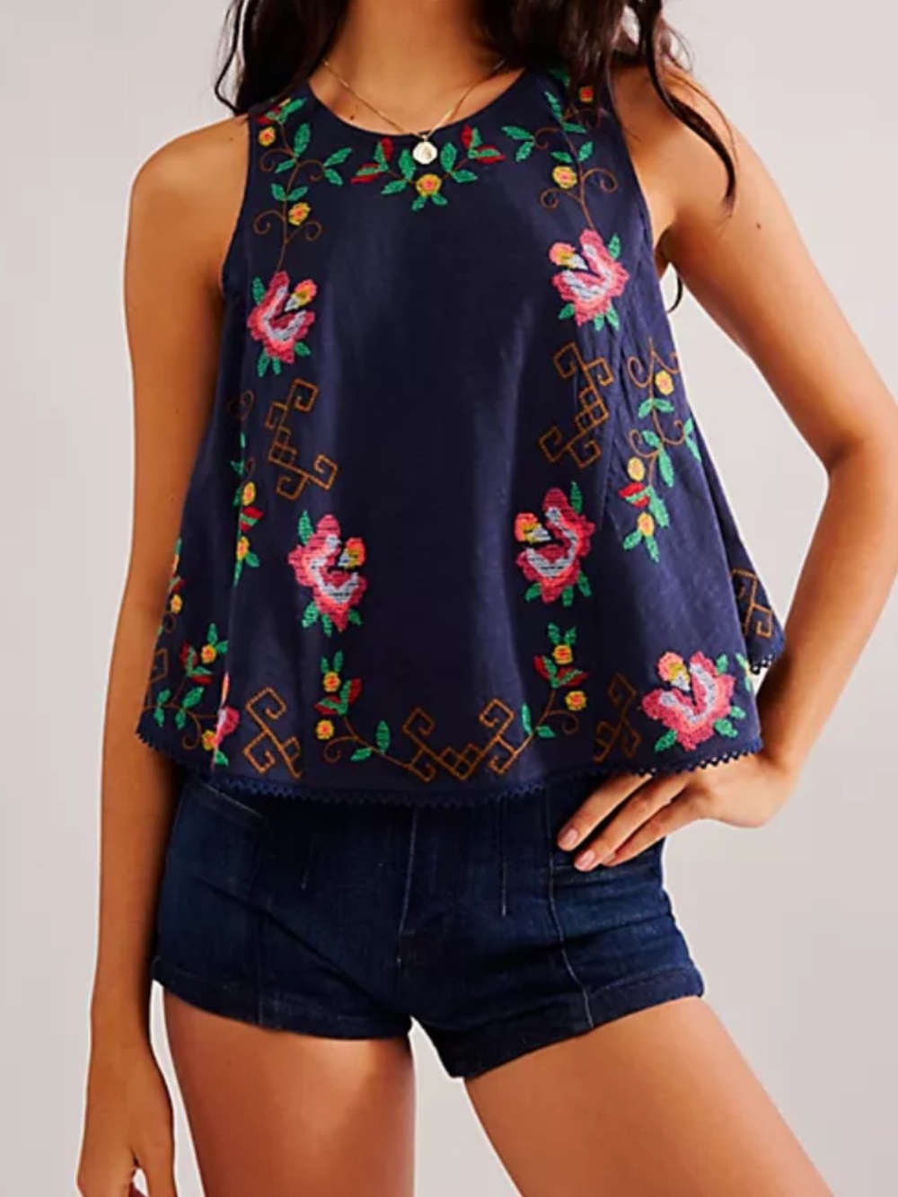 Free People Navy “Fun&Flirty”Embroidered Floral Tank Top